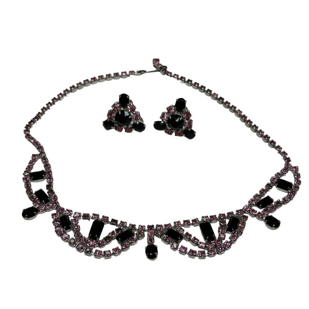 Fashion Jewelry Black and Pink Rhinestone Necklace and Screw Back Earrings